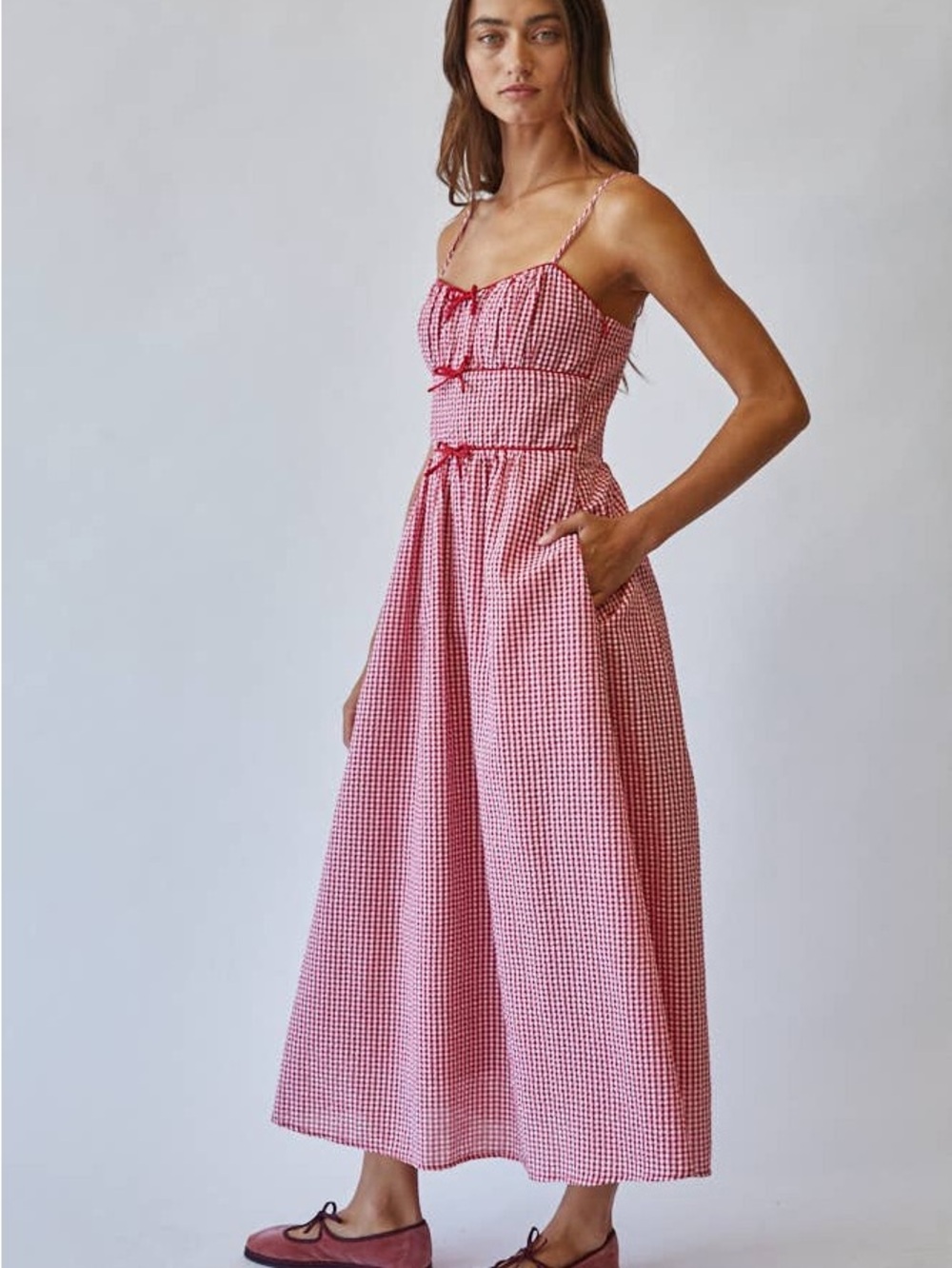Red Gingham Midi Sundress with Spaghetti Straps - Picture 5 of 7